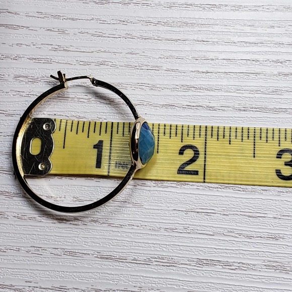Gold Tone Faceted Blue Stone Hoop Earrings Jewelry - Picture 5 of 5